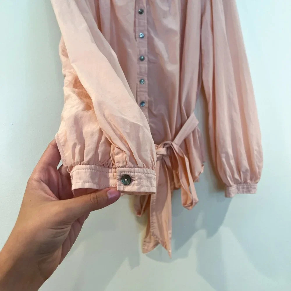 La Vie Rebecca Taylor Pink Silk Blend Balloon Sleeve Bow Button Down Blouse M - Picture 3 of 8